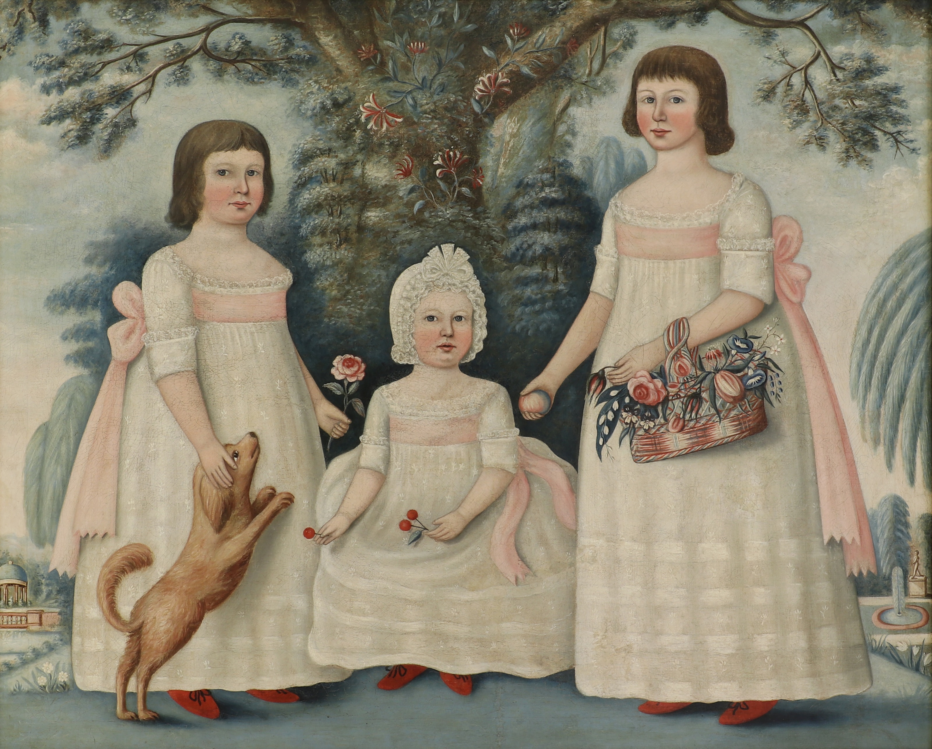 English Naive School, early 19th century Portrait of three sisters, standing full-length, each in a white dress with pink ribbons and red shoes, one stroking a pet dog and holding a rose, the youngest holding cherries, and the other holding a basket of flowers in an ornamental garden oil on canvas 100 x 124cm (£10,000-15,000)